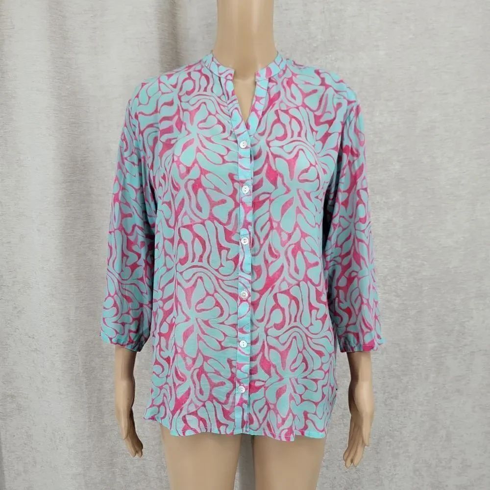 APNY Pink Blue Cupro Viscose Printed Top Button Down Blouse Women's Large